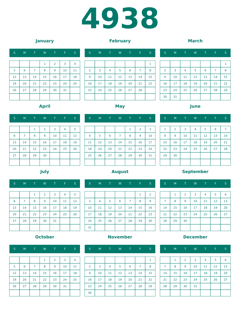 Printable 4938 Year Calendars pastel
