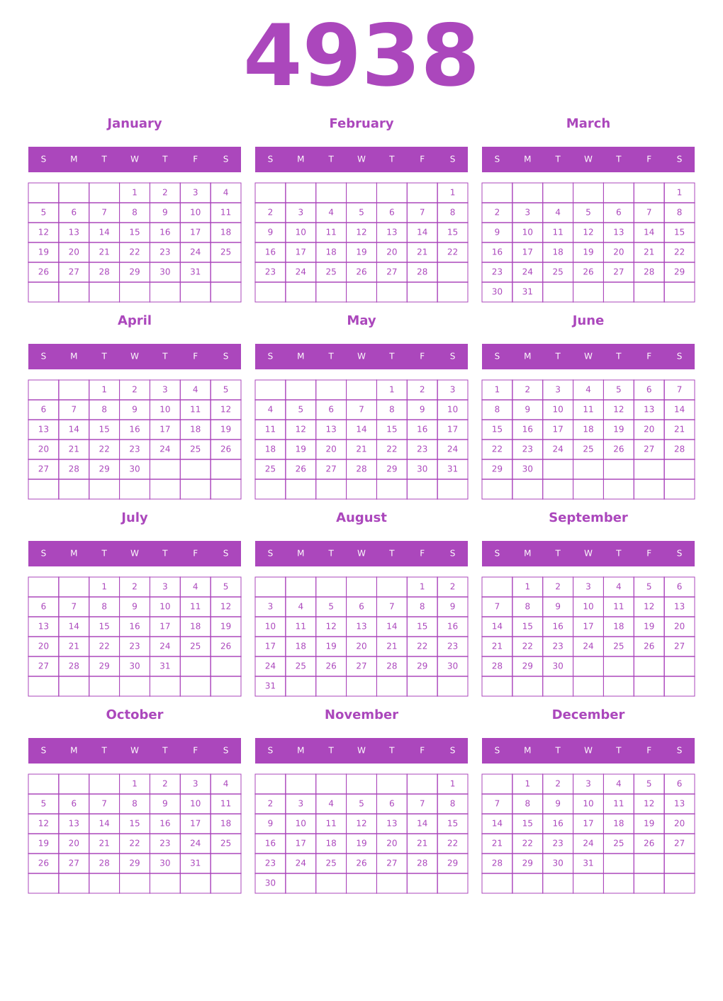 Printable 4938 Year Calendars purple