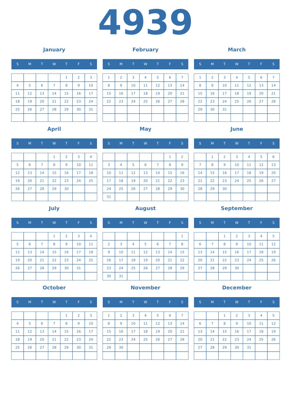 Printable 4939 Year Calendars blue