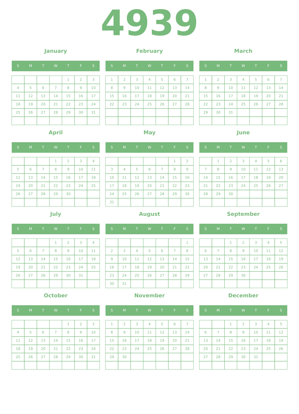 Printable 4939 Year Calendars celadon
