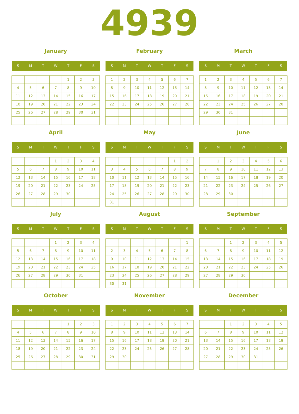 Printable 4939 Year Calendars chartreuse