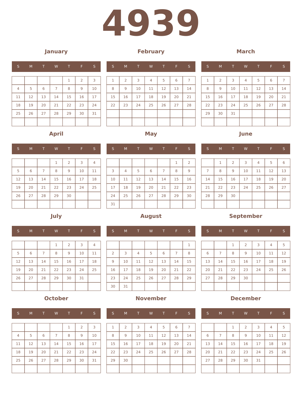 Printable 4939 Year Calendars coffe