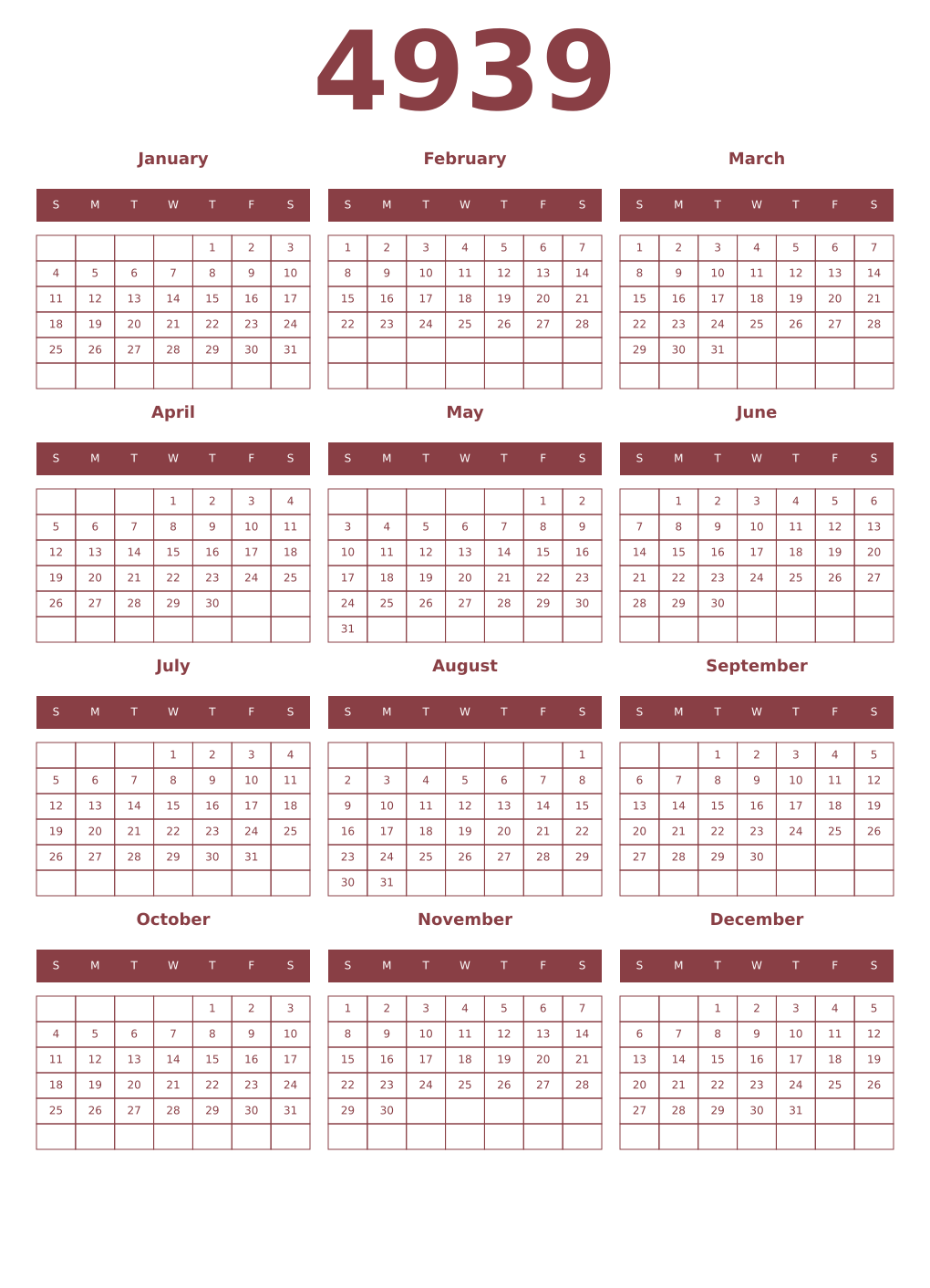 Printable 4939 Year Calendars cordovan