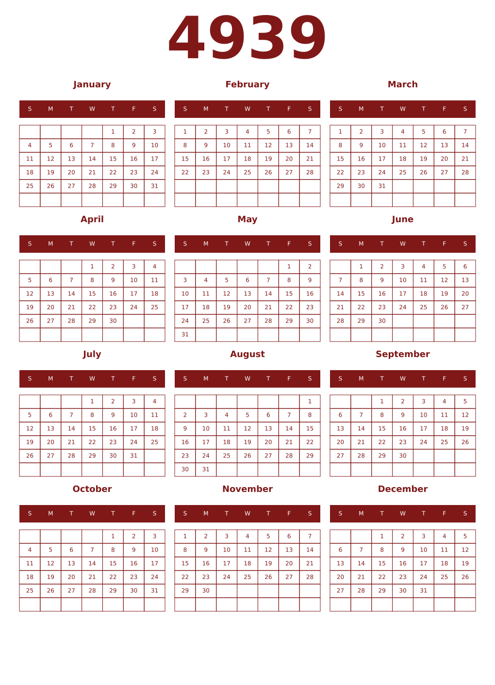 Printable 4939 Year Calendars falu
