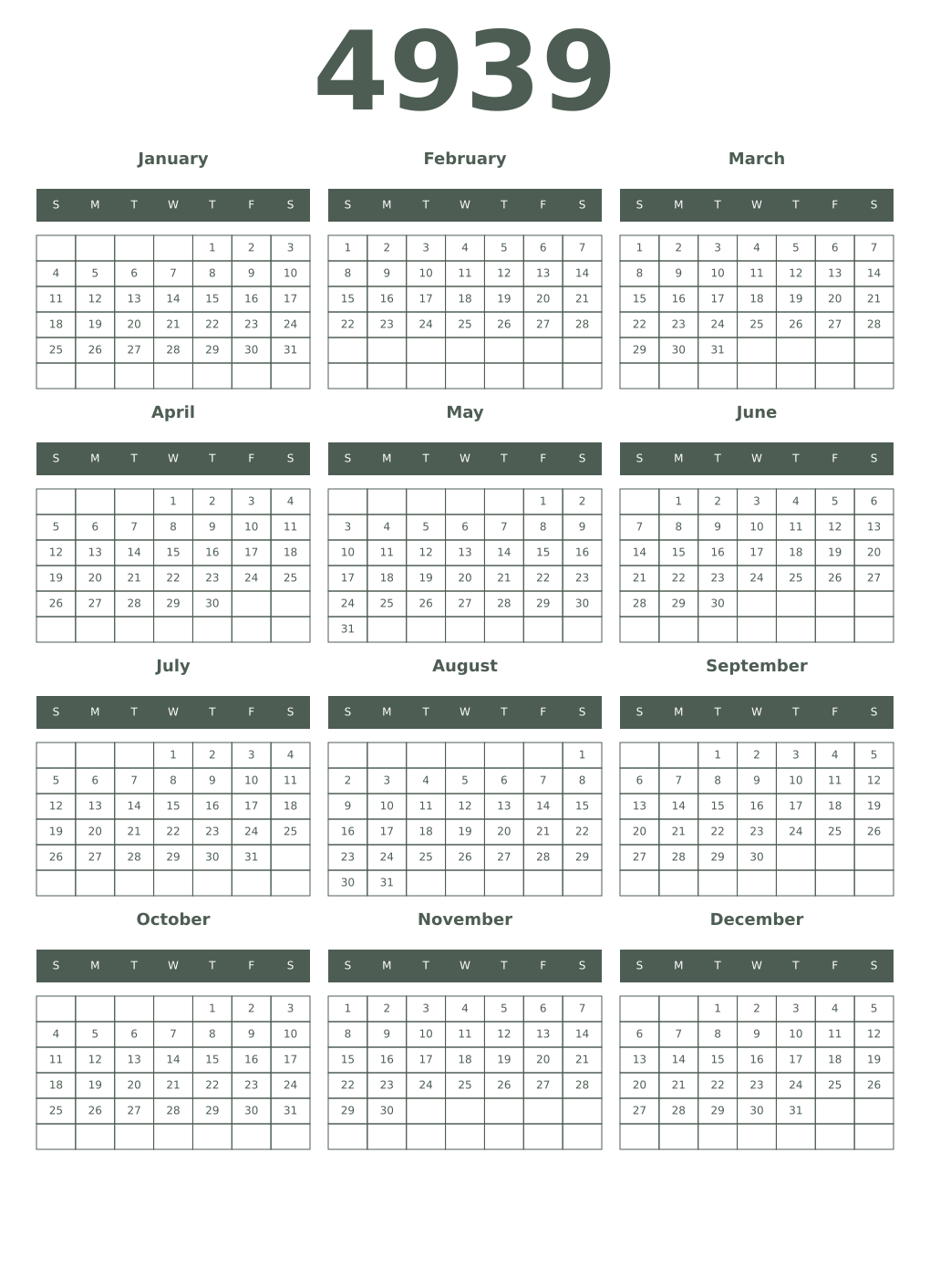Printable 4939 Year Calendars feldgrau
