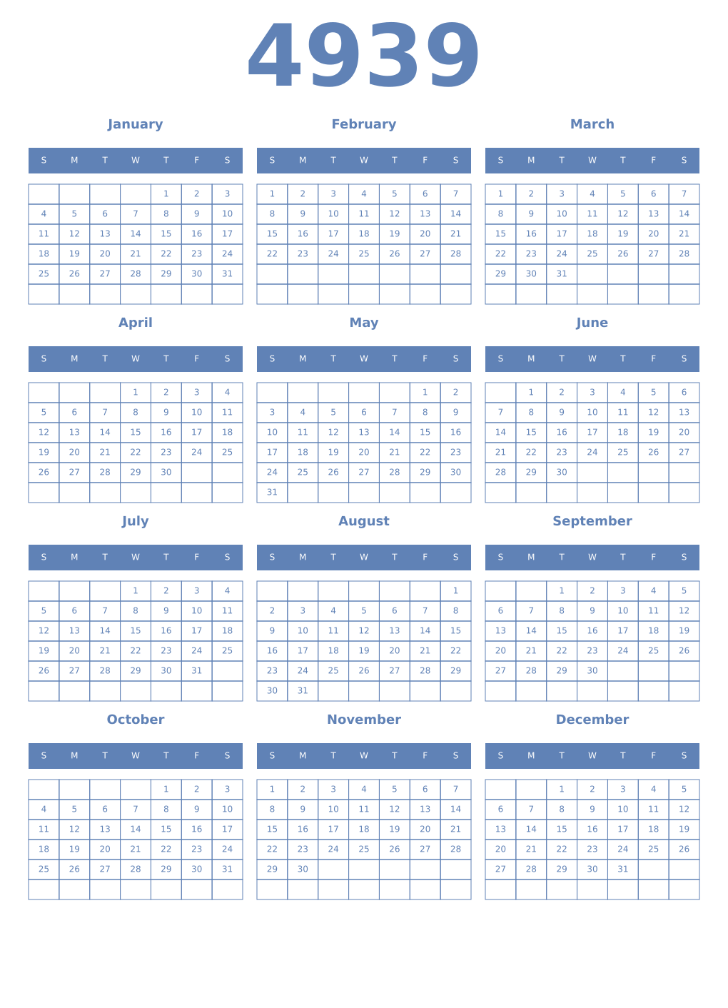 Printable 4939 Year Calendars glaucous