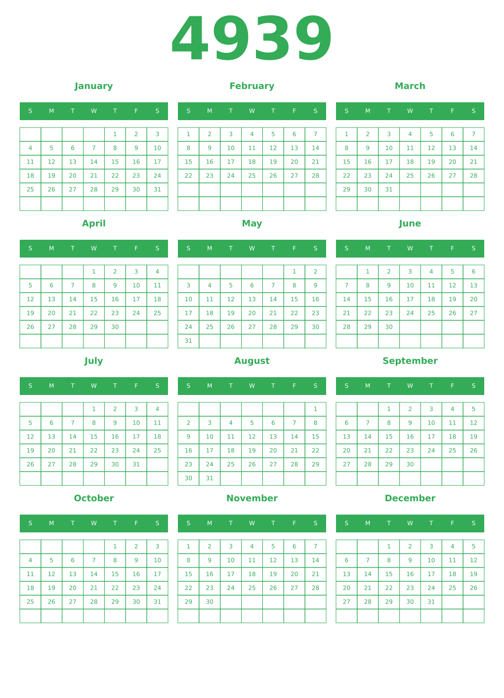Printable 4939 Year Calendars green