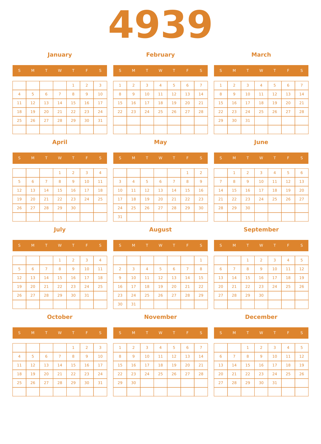 Printable 4939 Year Calendars orange