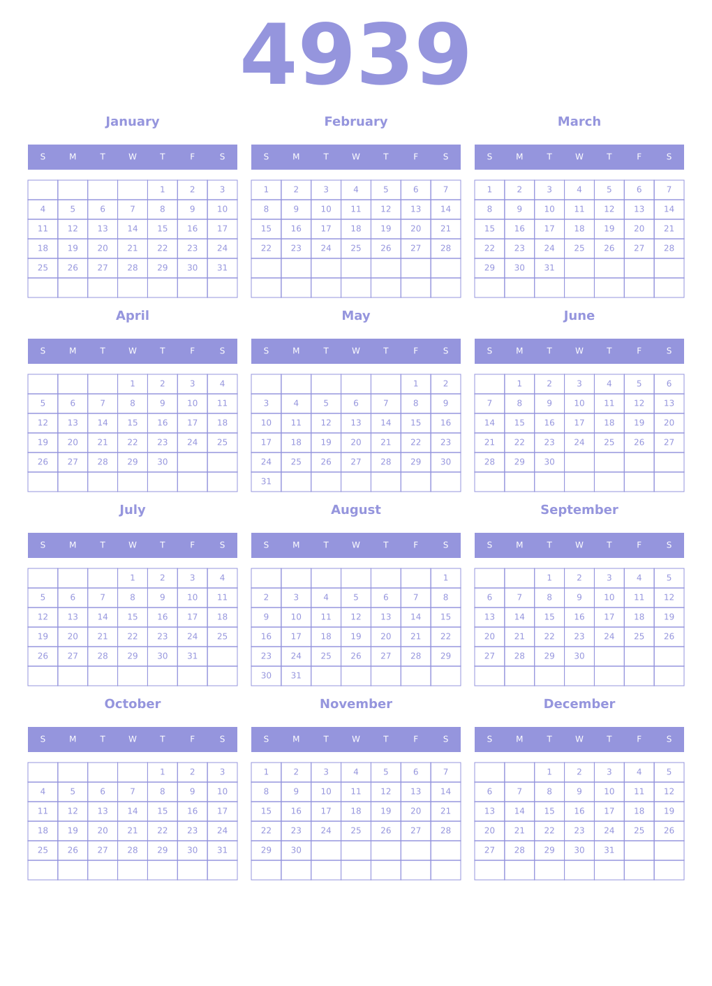 Printable 4939 Year Calendars periwinkle