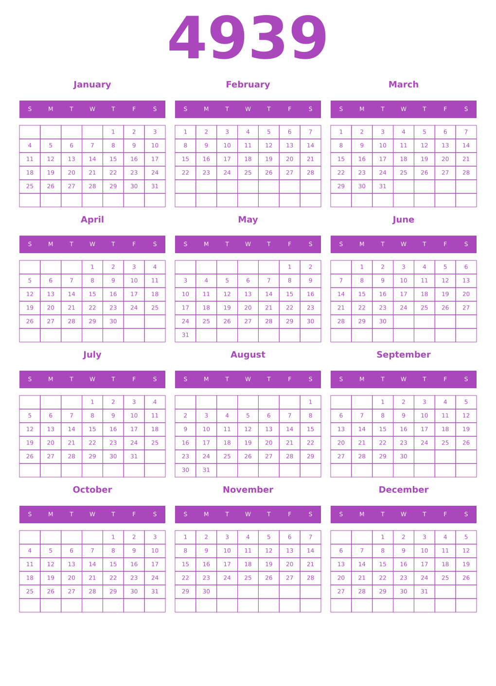 Printable 4939 Year Calendars purple