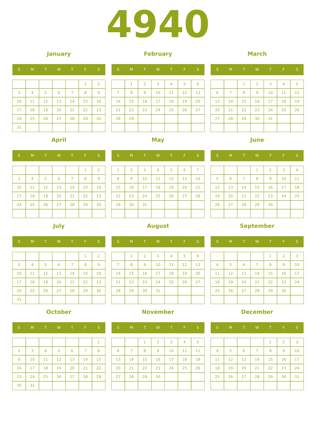 Printable 4940 Year Calendars chartreuse