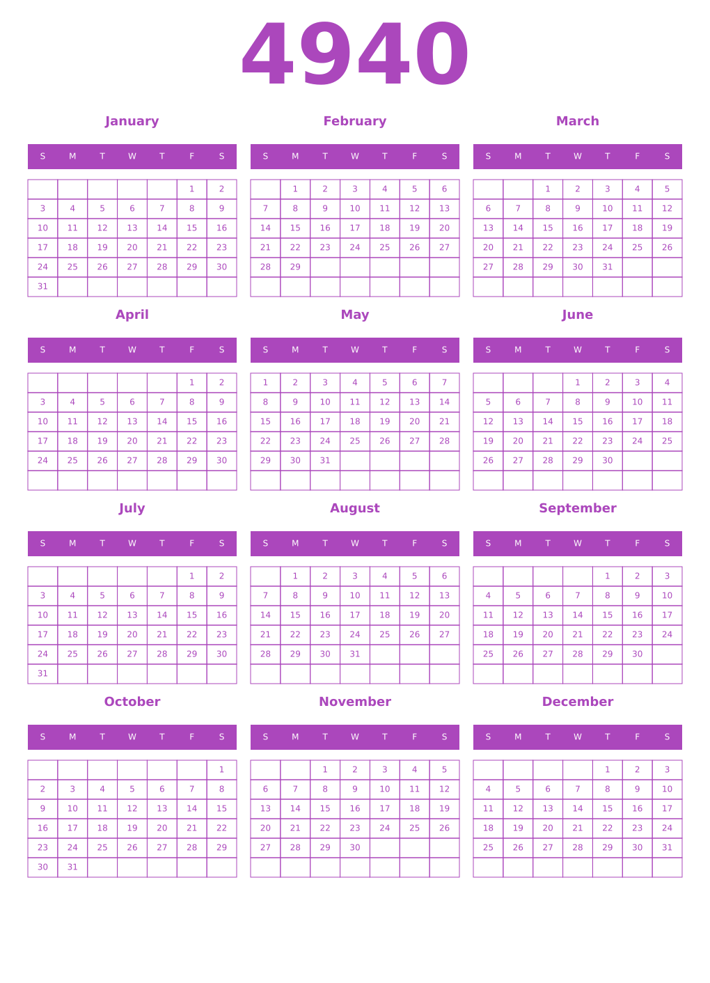 Printable 4940 Year Calendars purple