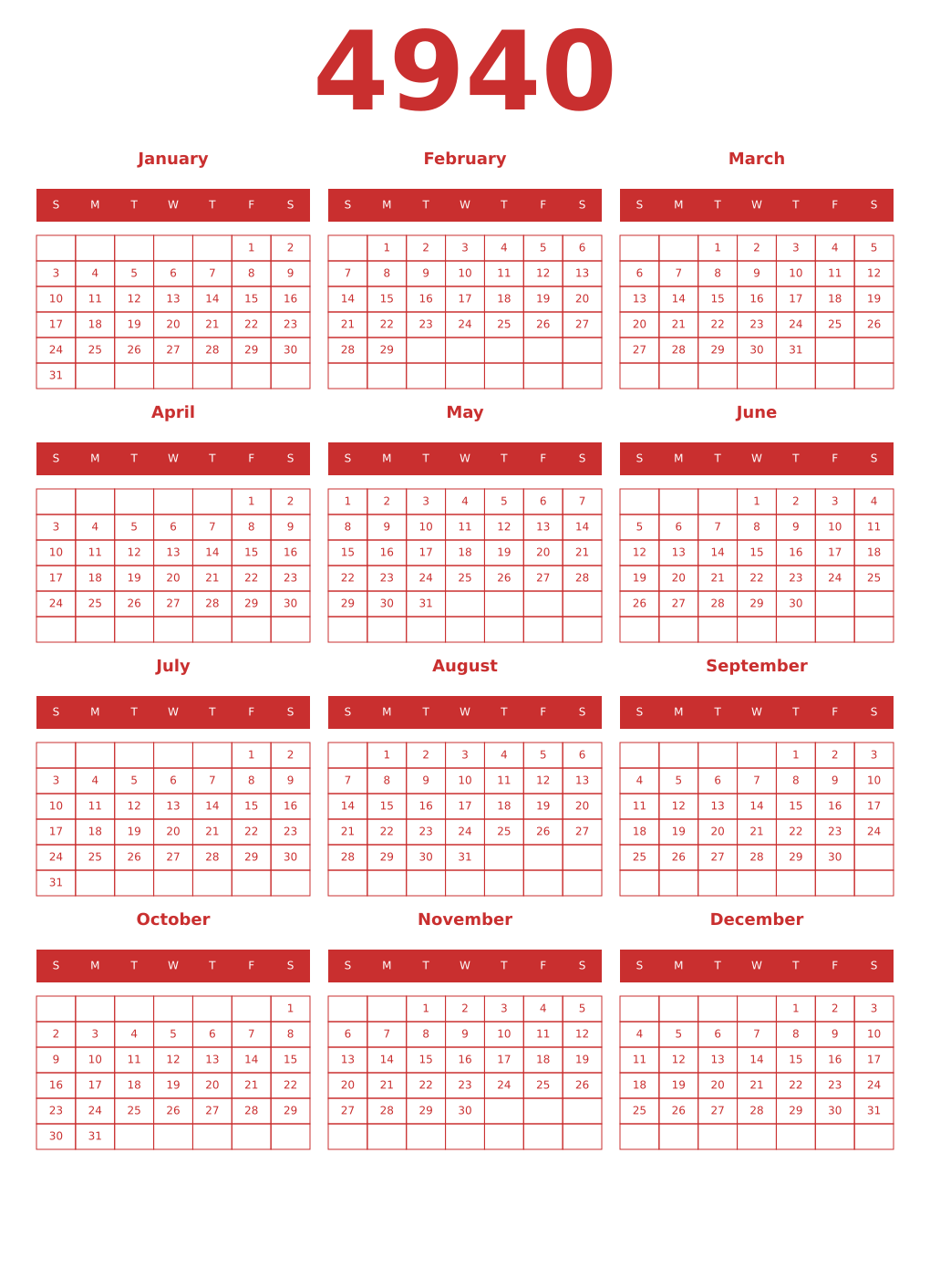 Printable 4940 Year Calendars red
