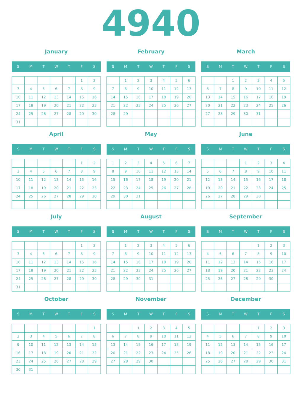 Printable 4940 Year Calendars verdigris