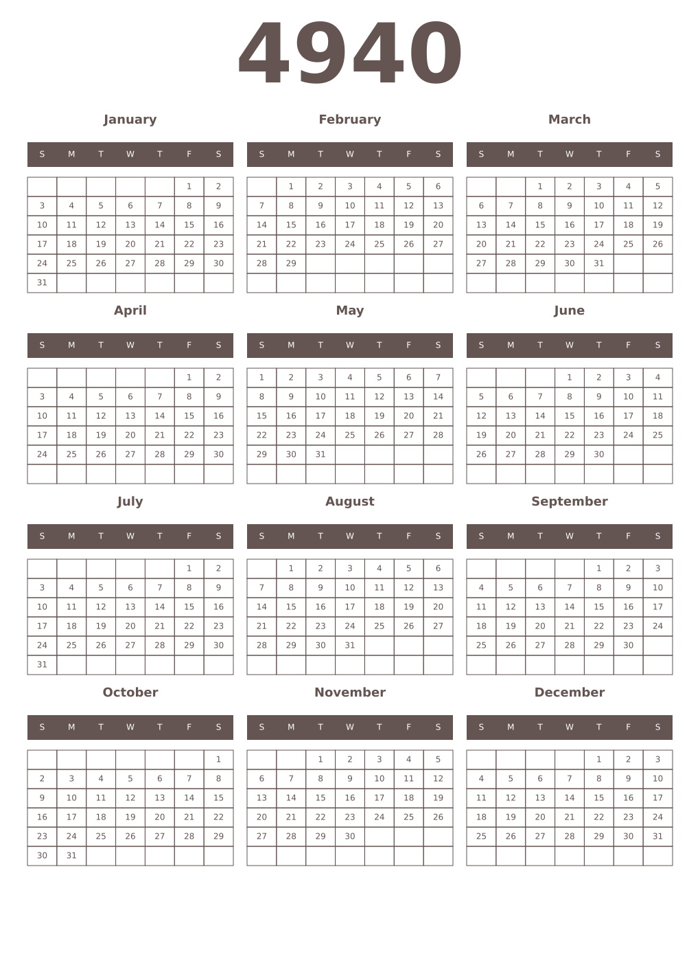 Printable 4940 Year Calendars wenge
