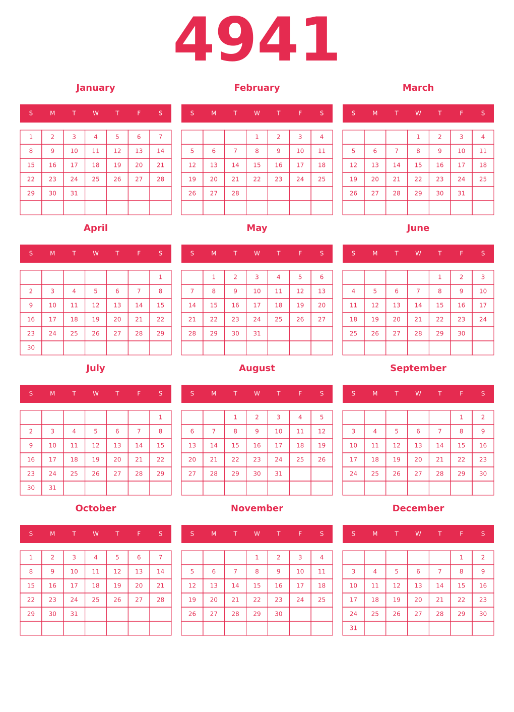 Printable 4941 Year Calendars amaranth