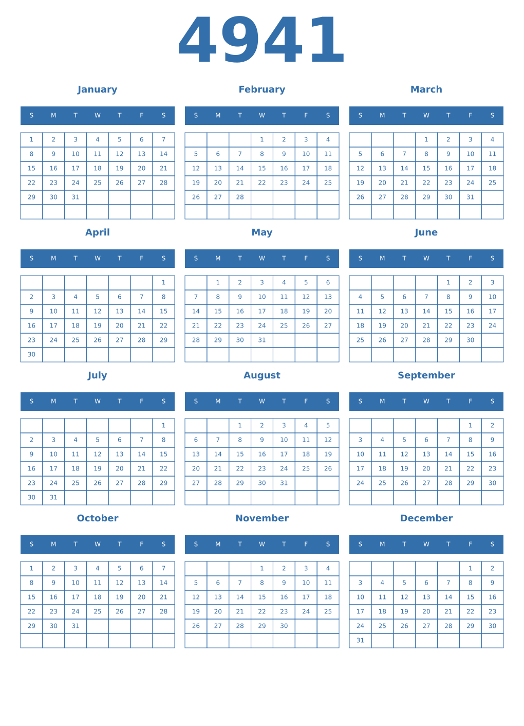 Printable 4941 Year Calendars blue