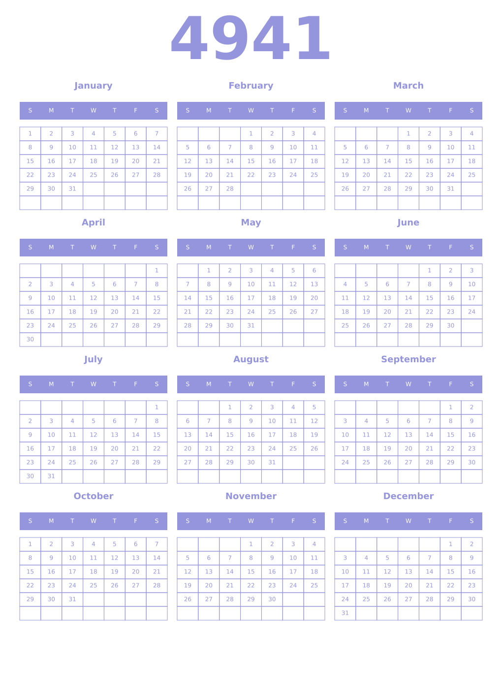 Printable 4941 Year Calendars periwinkle