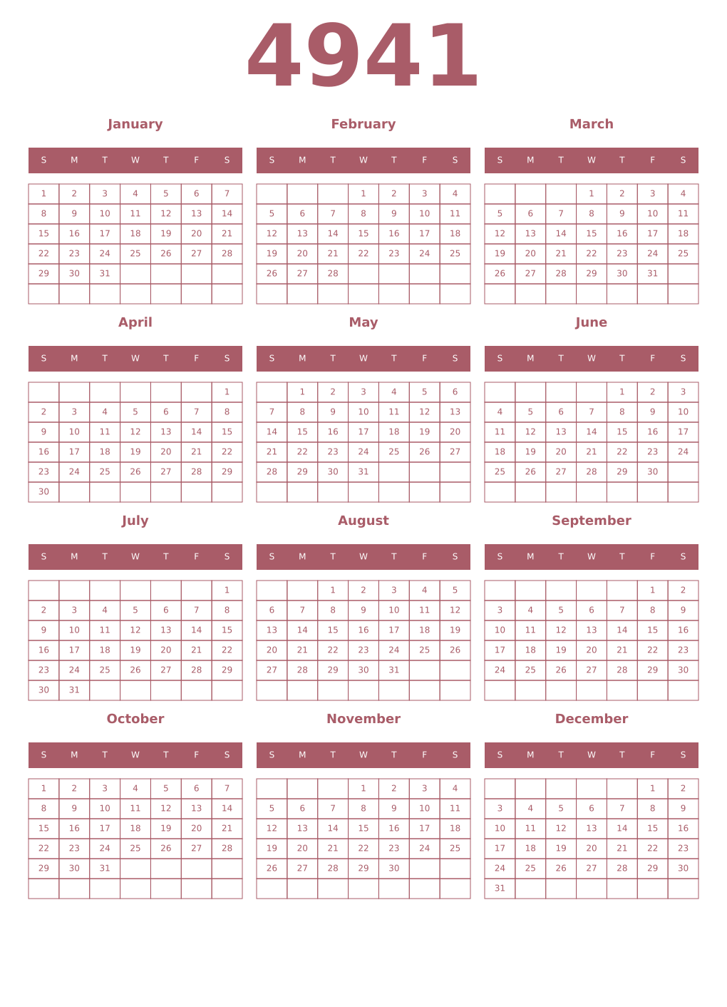 Printable 4941 Year Calendars puce
