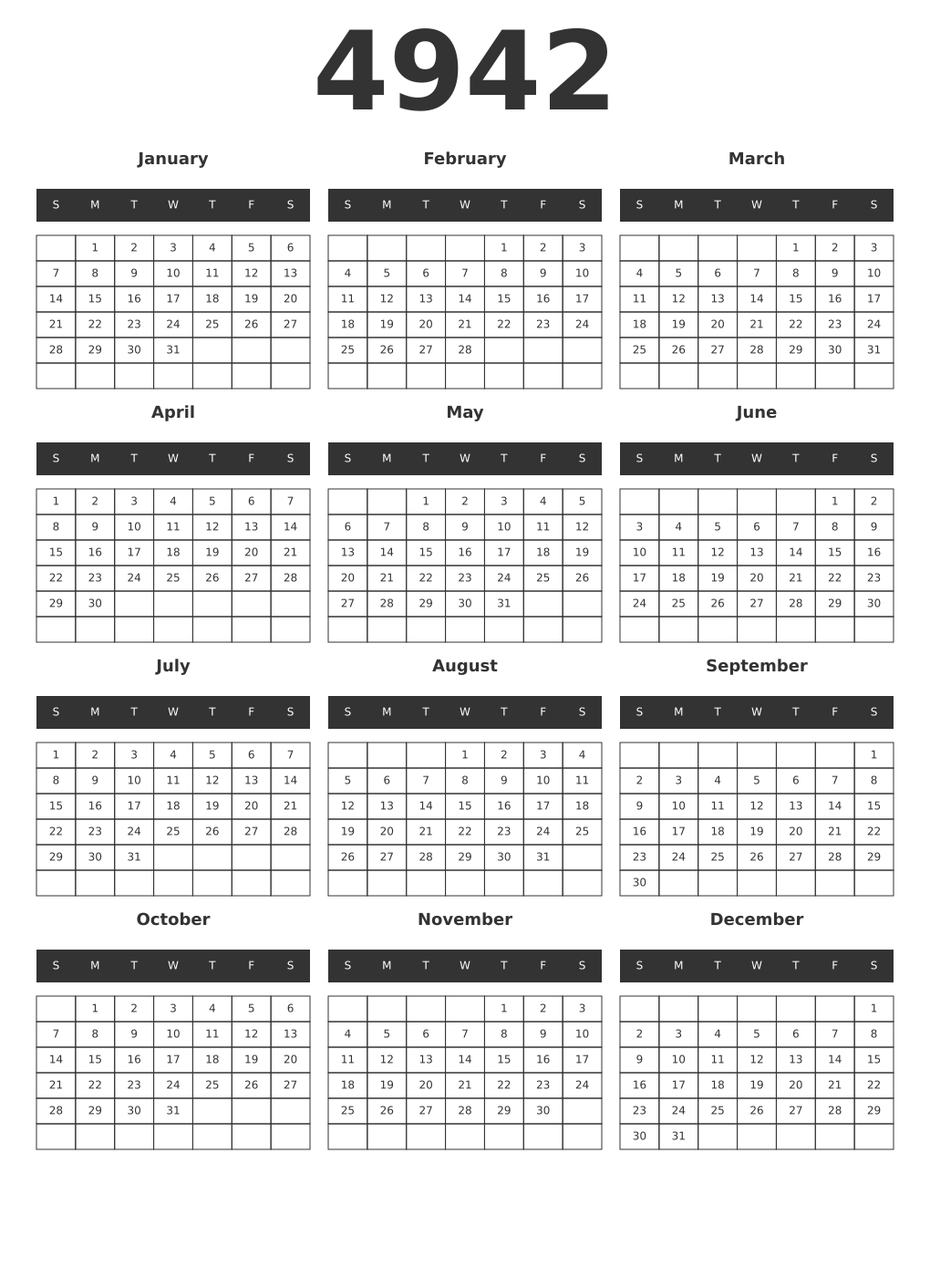 Printable 4942 Year Calendars dark