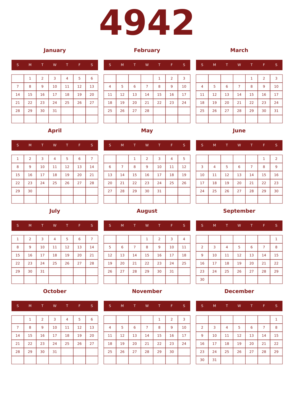 Printable 4942 Year Calendars falu