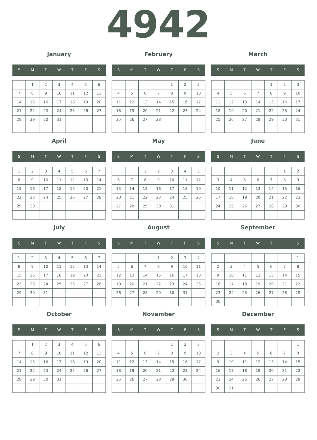 Printable 4942 Year Calendars feldgrau