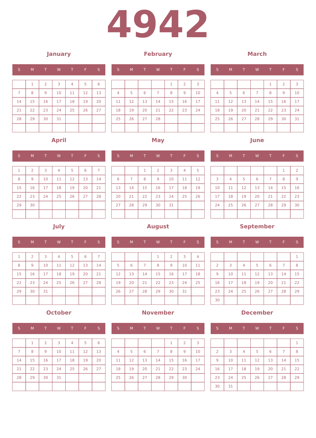 Printable 4942 Year Calendars puce