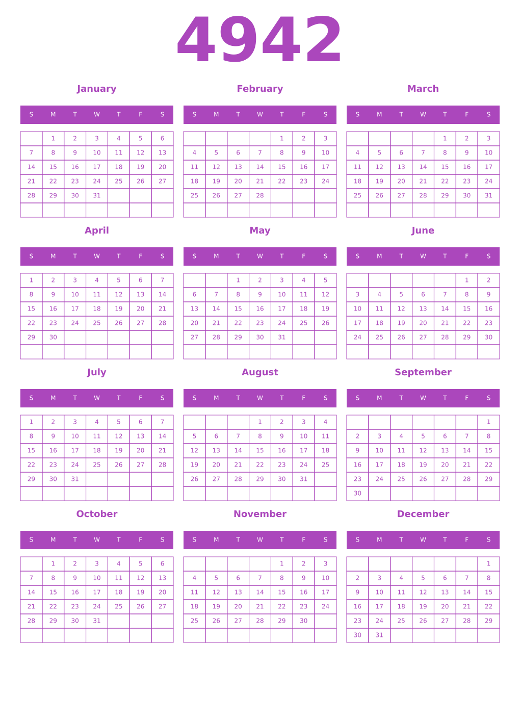 Printable 4942 Year Calendars purple