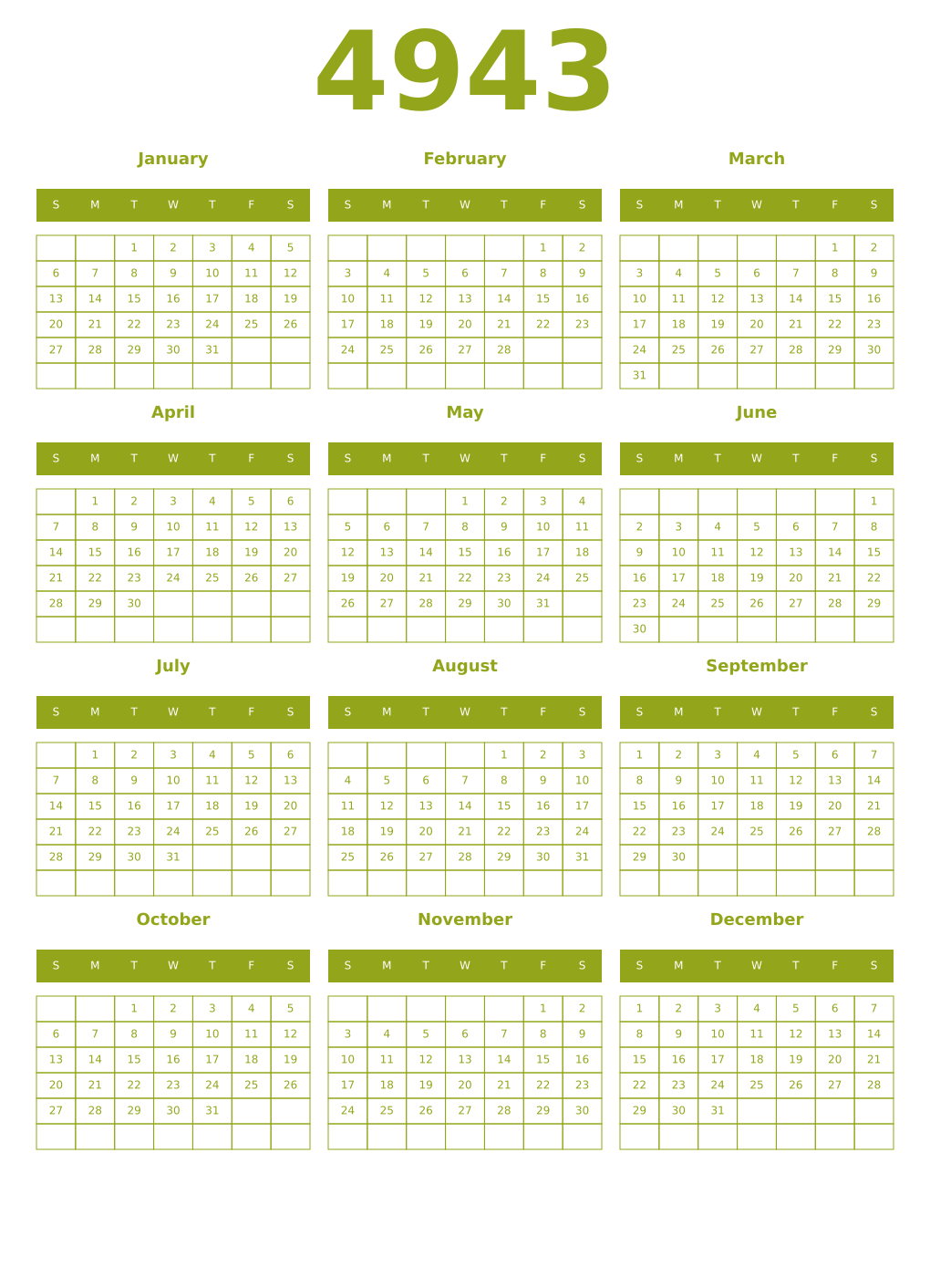 Printable 4943 Year Calendars chartreuse
