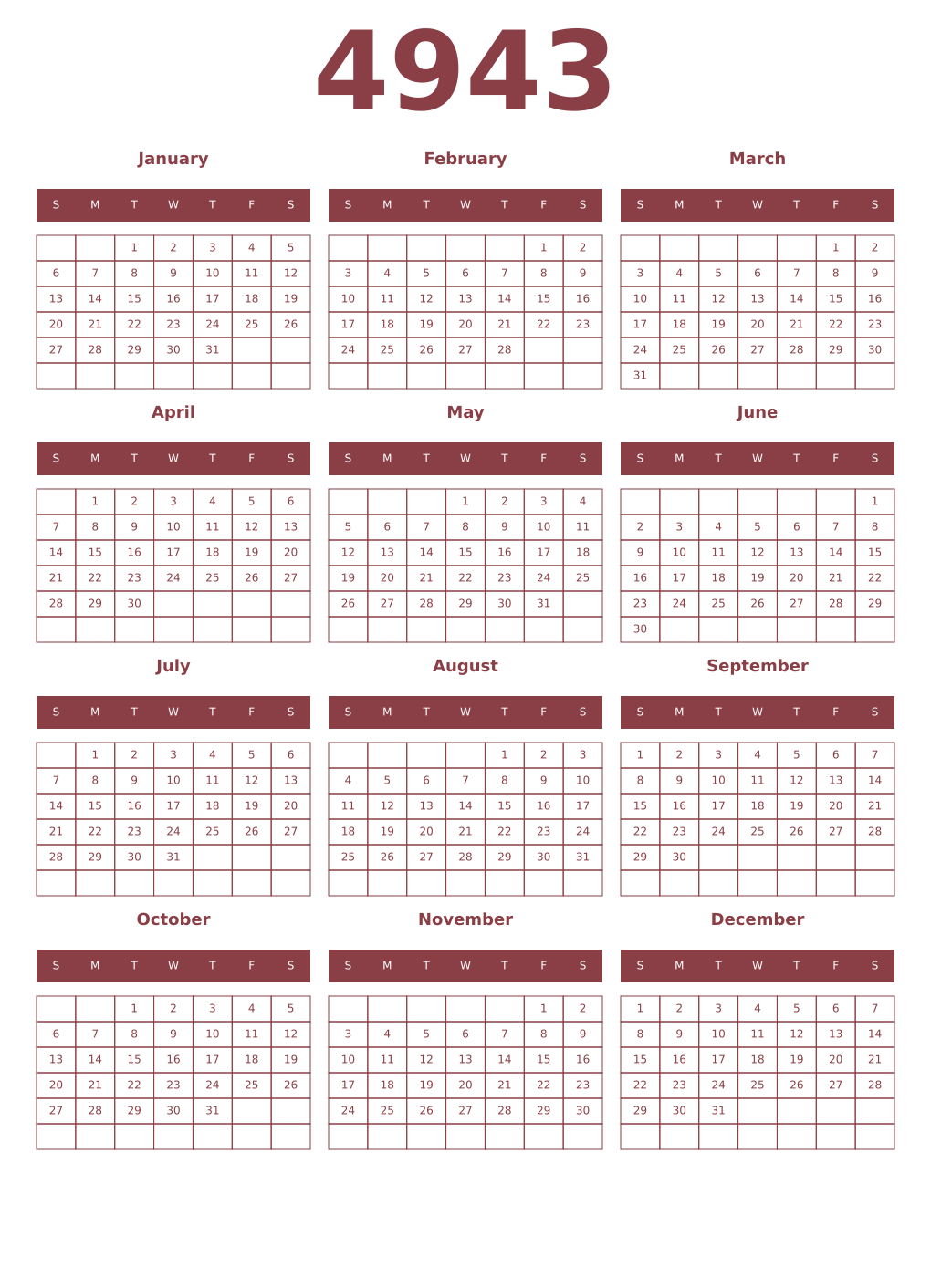 Printable 4943 Year Calendars cordovan
