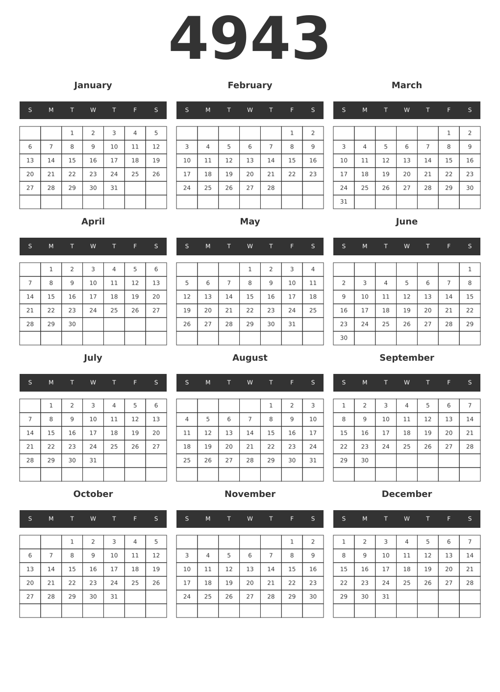 Printable 4943 Year Calendars dark