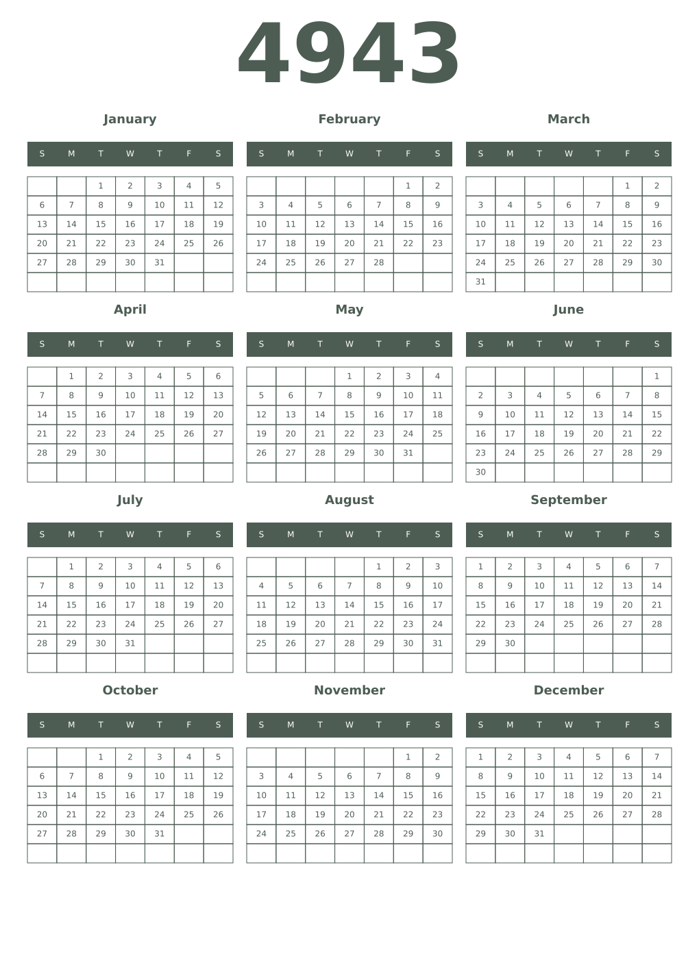 Printable 4943 Year Calendars feldgrau