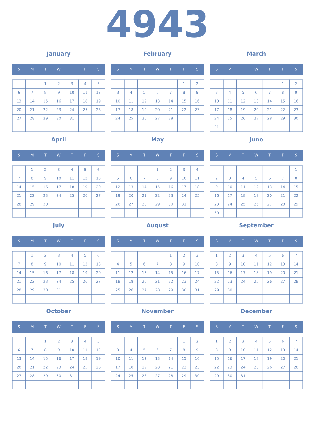 Printable 4943 Year Calendars glaucous