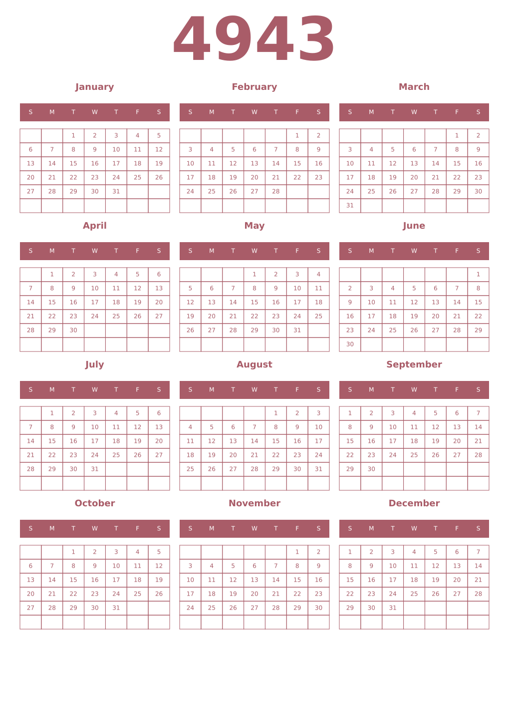 Printable 4943 Year Calendars puce