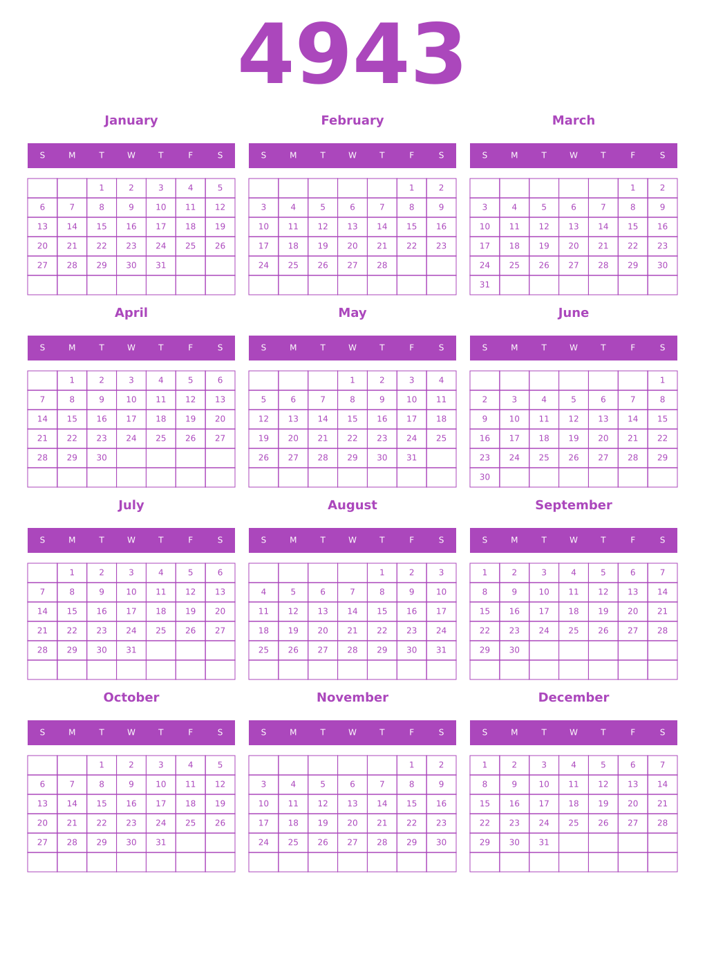 Printable 4943 Year Calendars purple