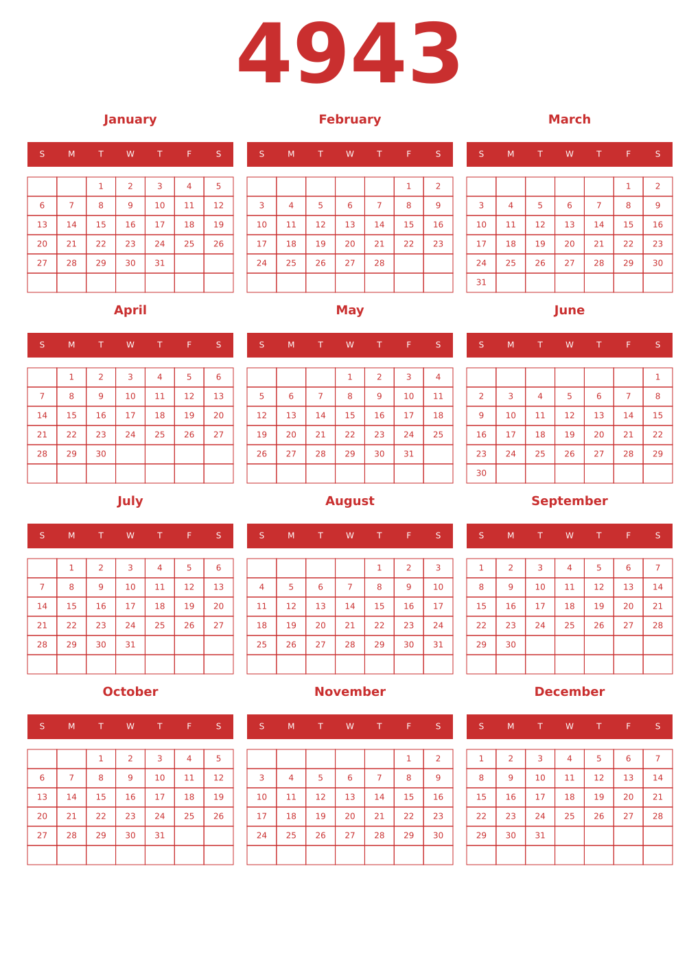 Printable 4943 Year Calendars red