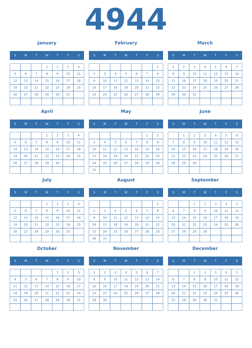 Printable 4944 Year Calendars blue