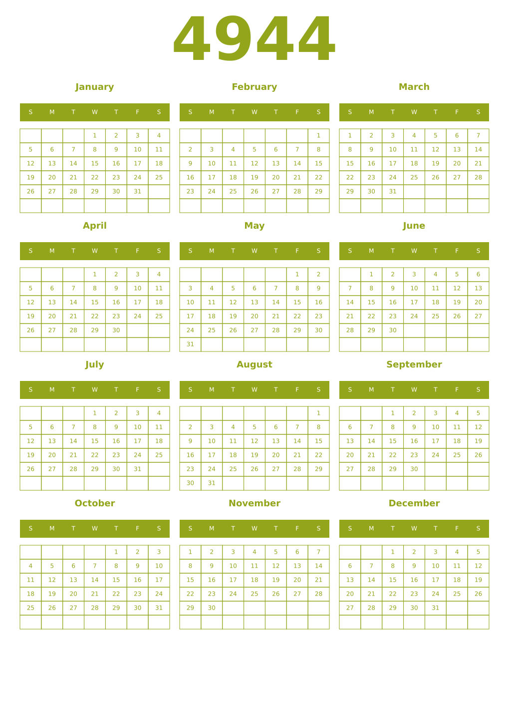 Printable 4944 Year Calendars chartreuse