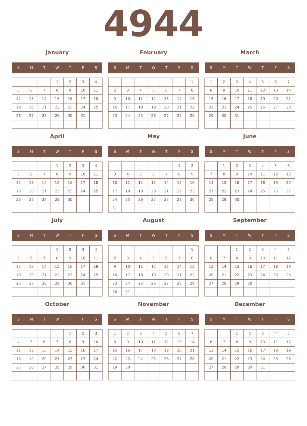 Printable 4944 Year Calendars coffe