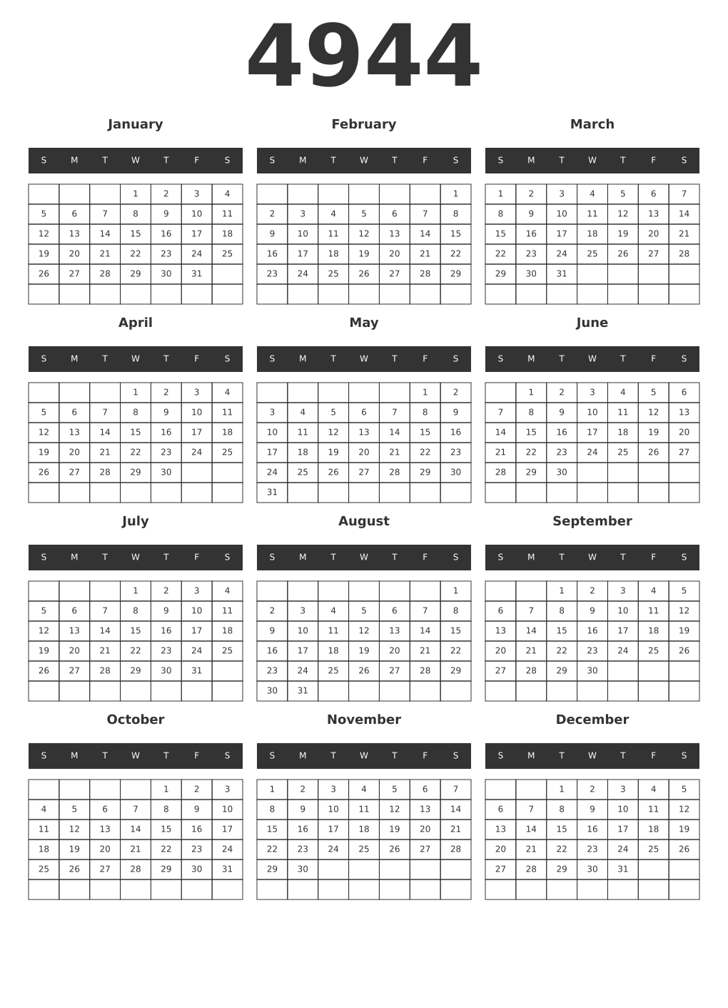 Printable 4944 Year Calendars dark
