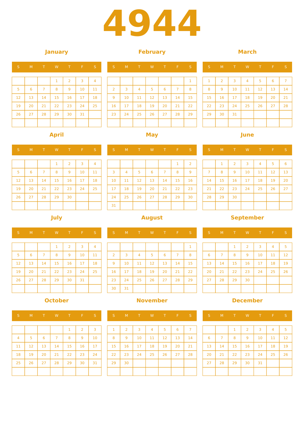 Printable 4944 Year Calendars gamboge