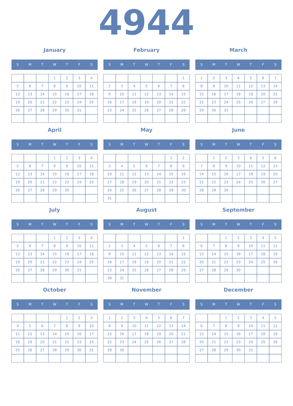 Printable 4944 Year Calendars glaucous