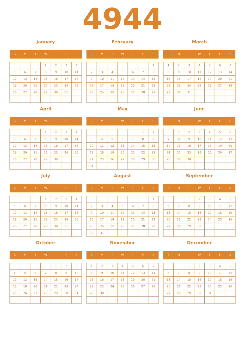 Printable 4944 Year Calendars orange