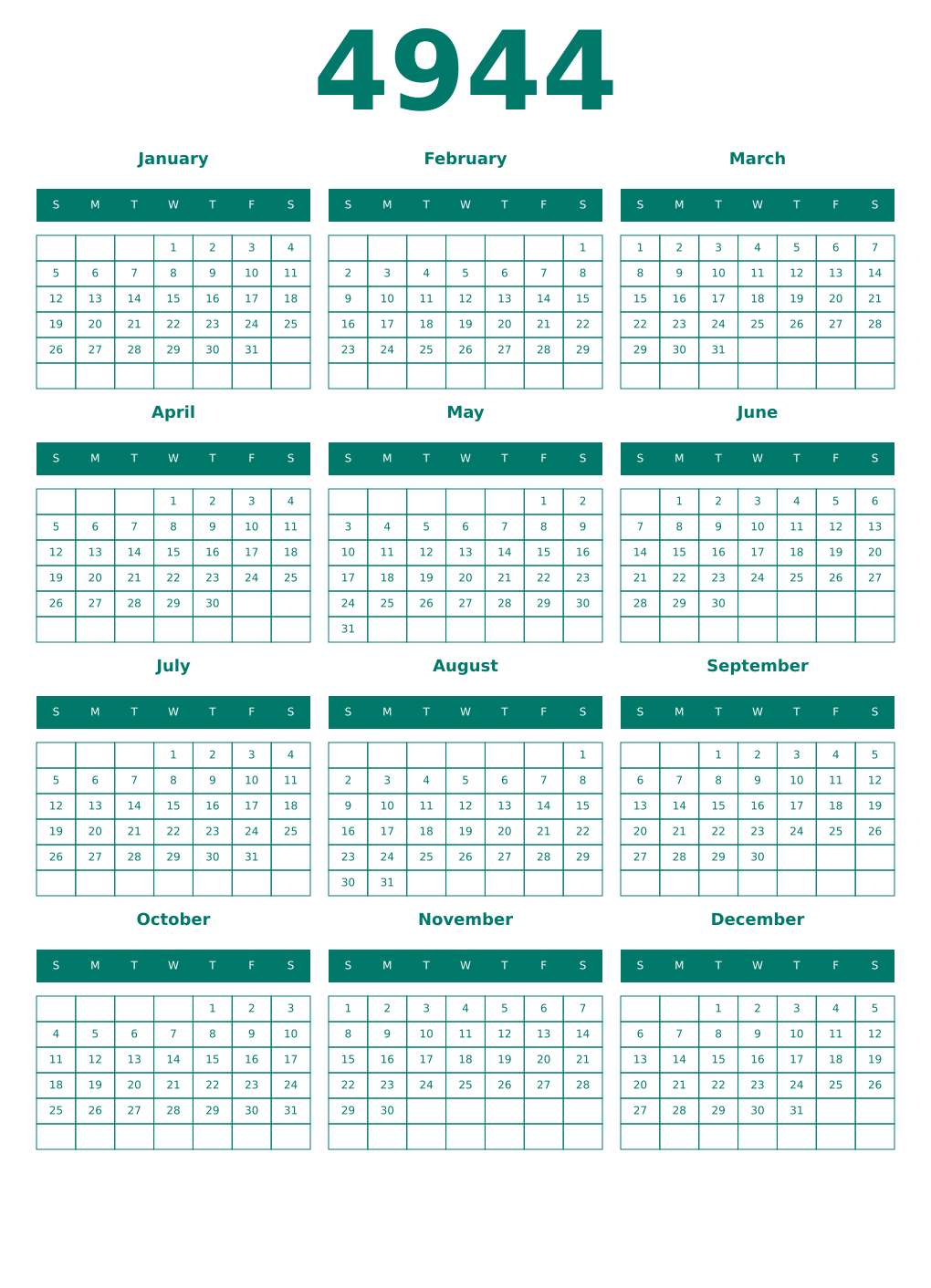 Printable 4944 Year Calendars pastel