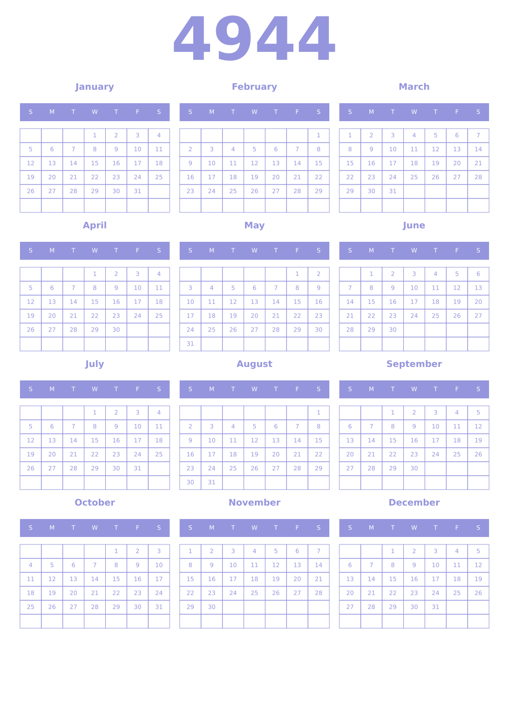 Printable 4944 Year Calendars periwinkle
