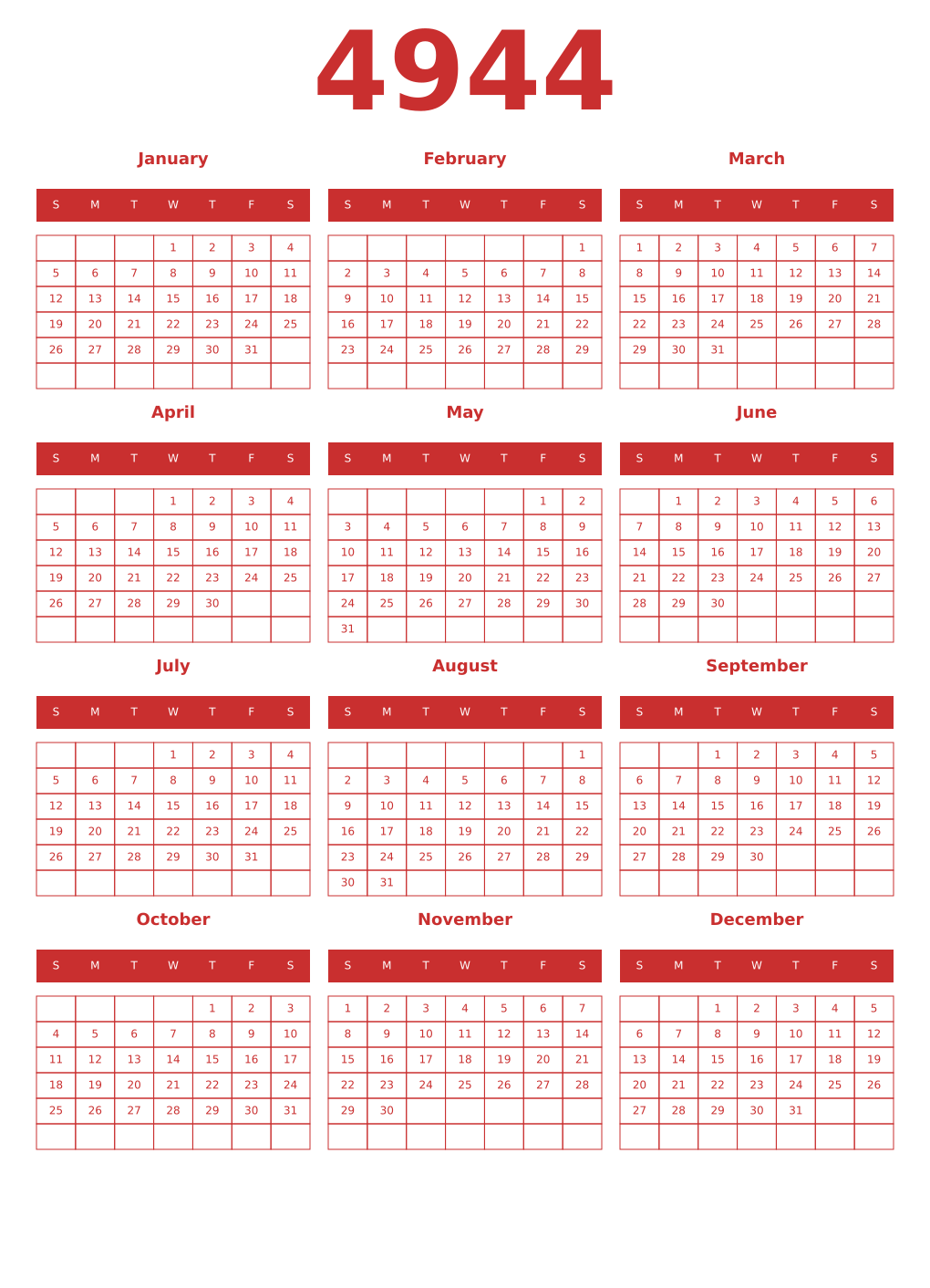 Printable 4944 Year Calendars red