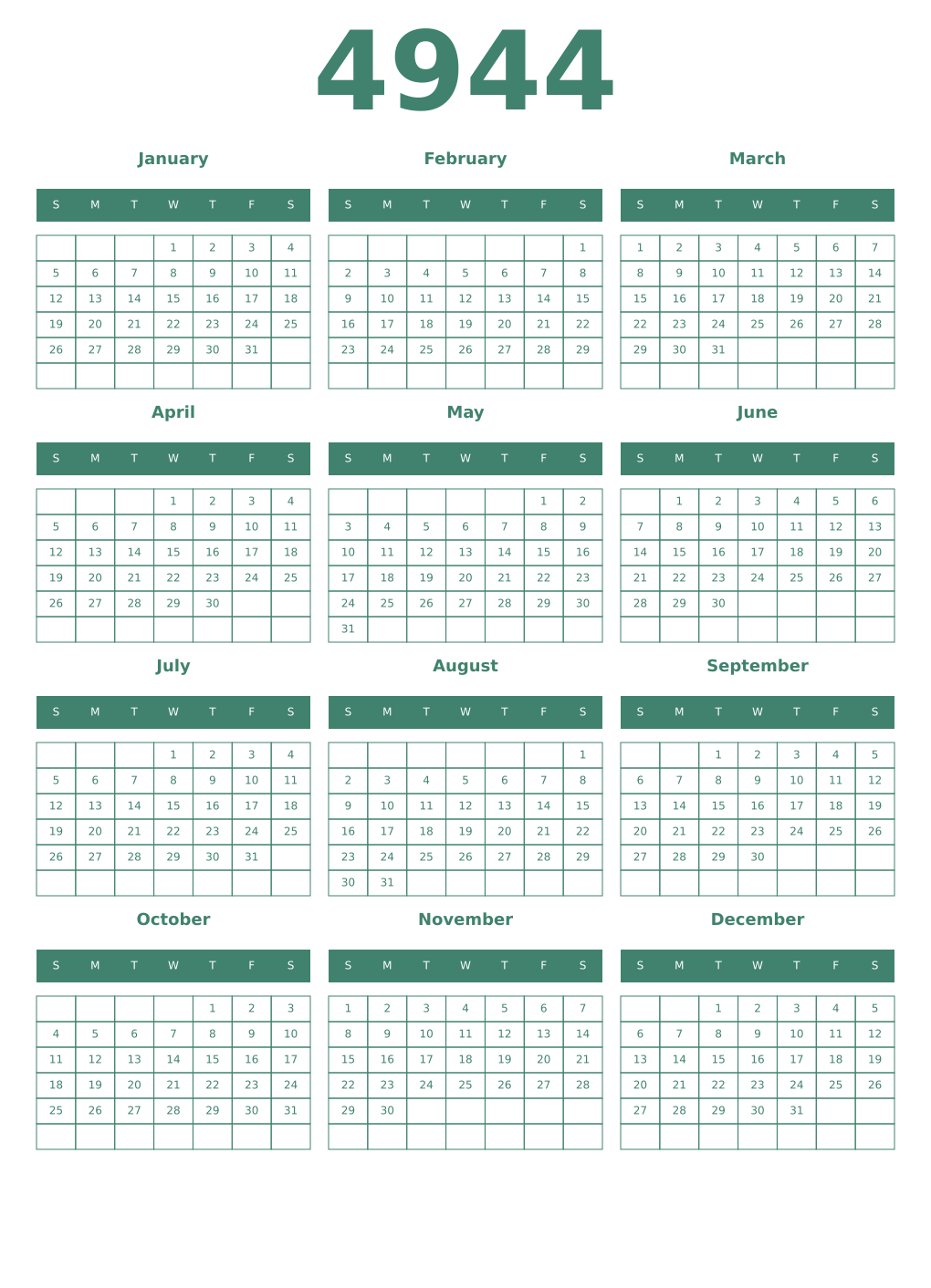 Printable 4944 Year Calendars viridian
