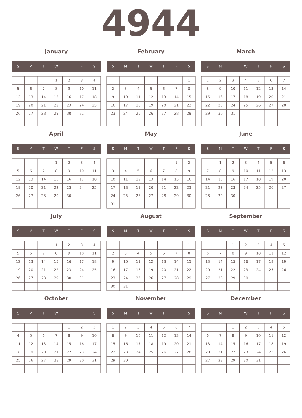 Printable 4944 Year Calendars wenge