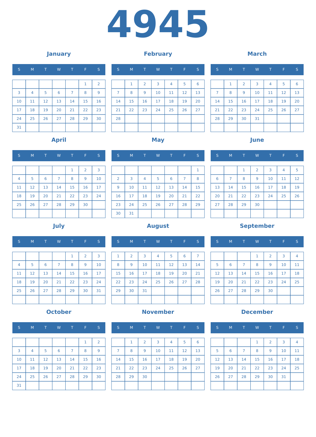 Printable 4945 Year Calendars blue