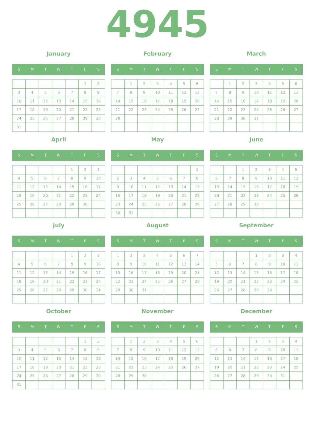 Printable 4945 Year Calendars celadon